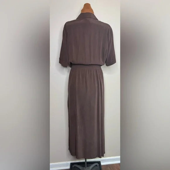 Robbie Bee Silk Chocolate Brown Maxi Length Wrap Dress Short Sleeve Size 12 - Picture 3 of 7